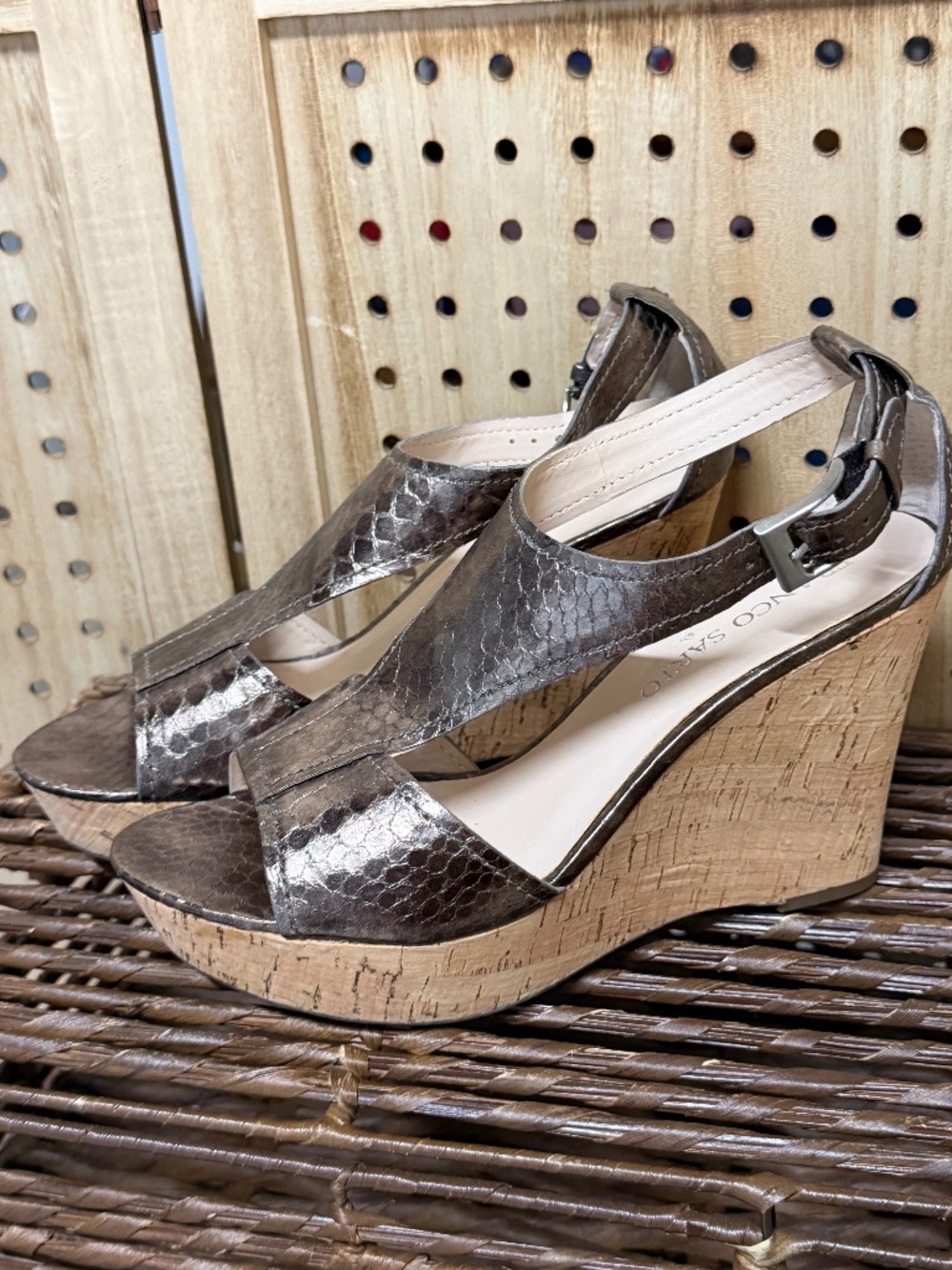 Franco Sarto Supra Metallic Snakeskin Cork Wedge Sandals 9.5